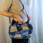 vintage barneys new york patchwork denim & leather satchel