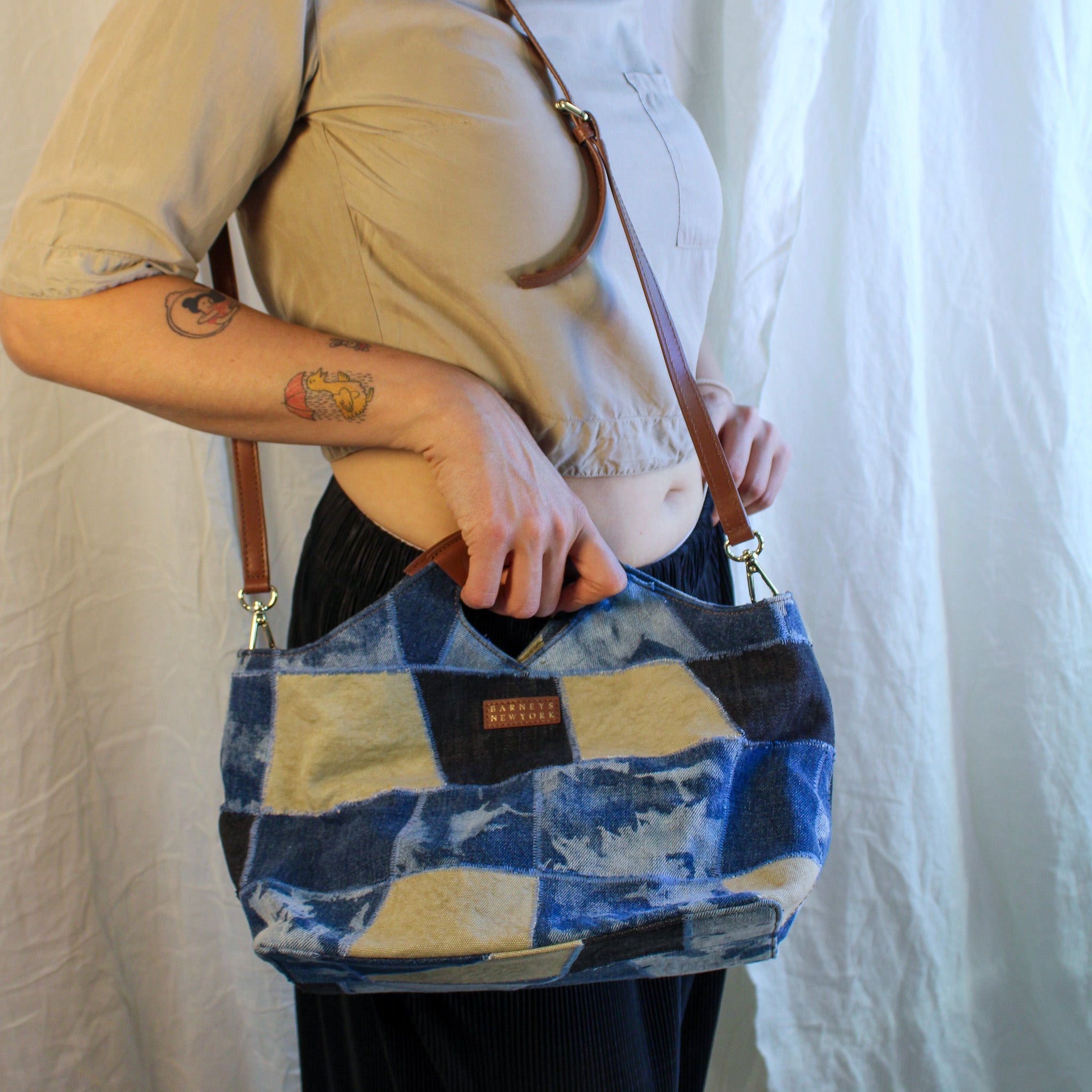 vintage barneys new york patchwork denim & leather satchel