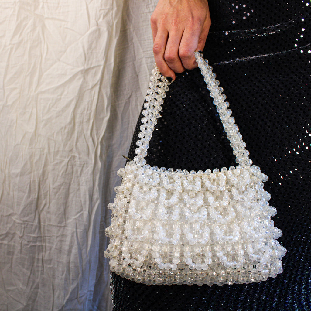 mid-century clear plastic beaded shoulder purse “Flair Fashions” made in Hong Kong