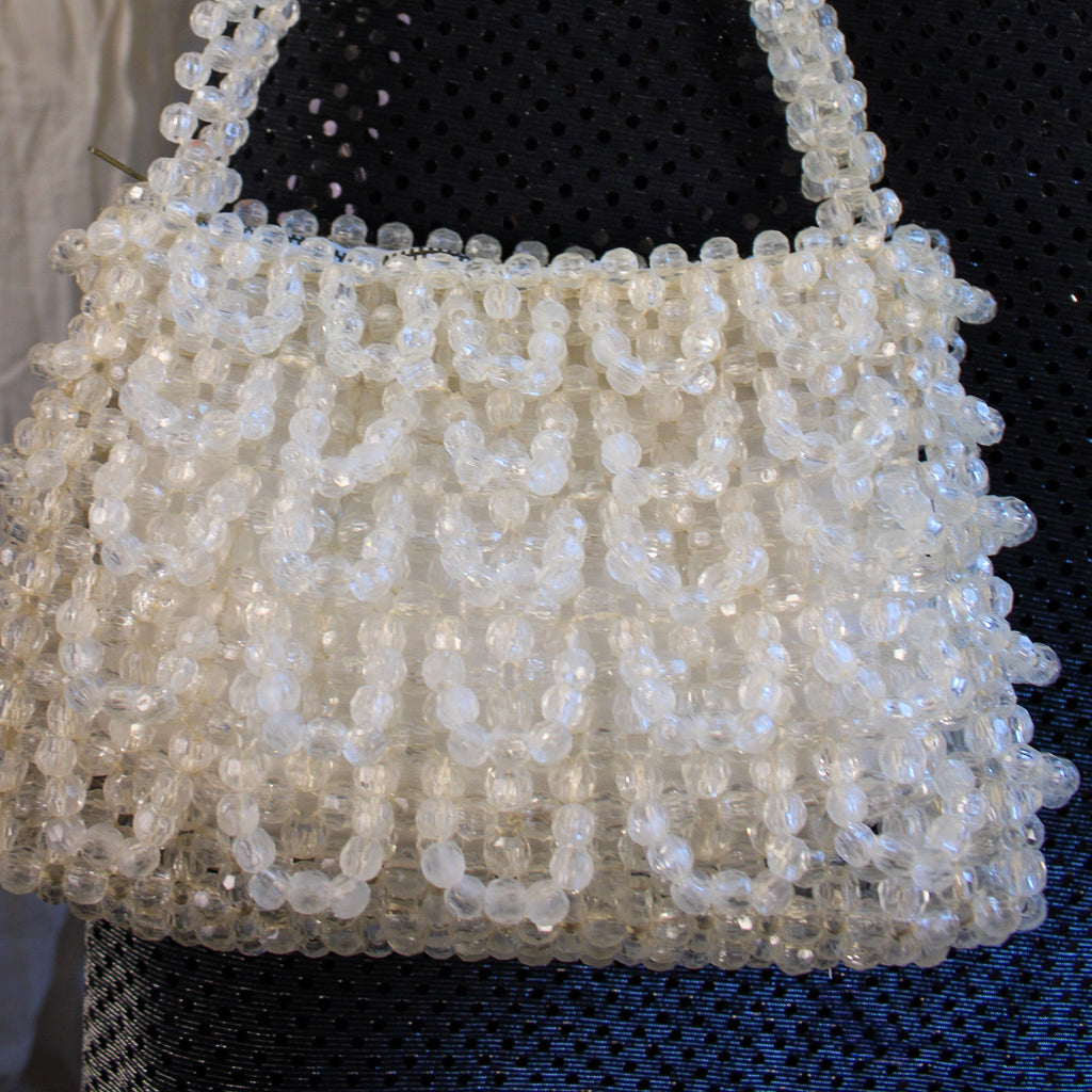 mid-century clear plastic beaded shoulder purse “Flair Fashions” made in Hong Kong