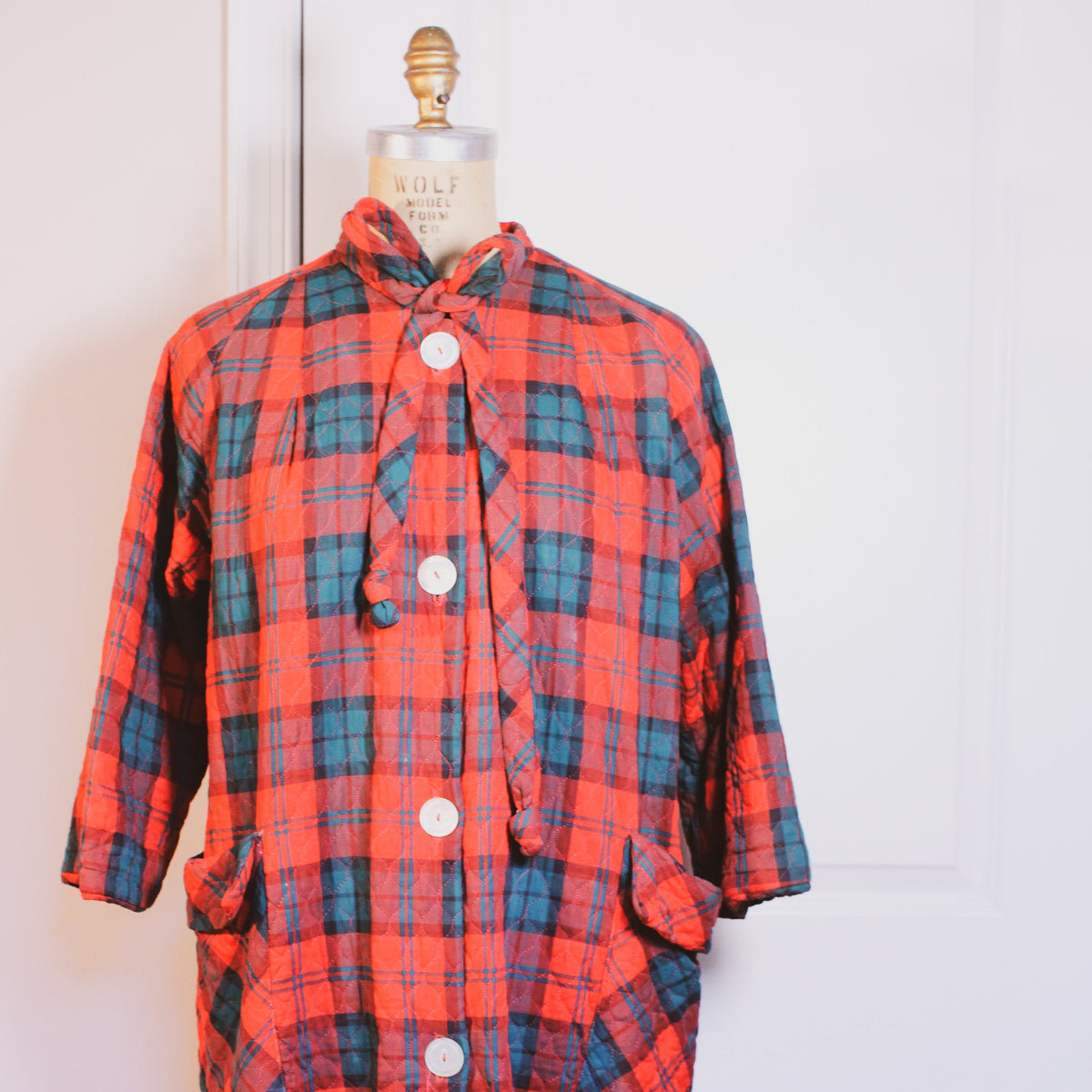 50s saybury quilted tartan plaid bed jacket - front full view