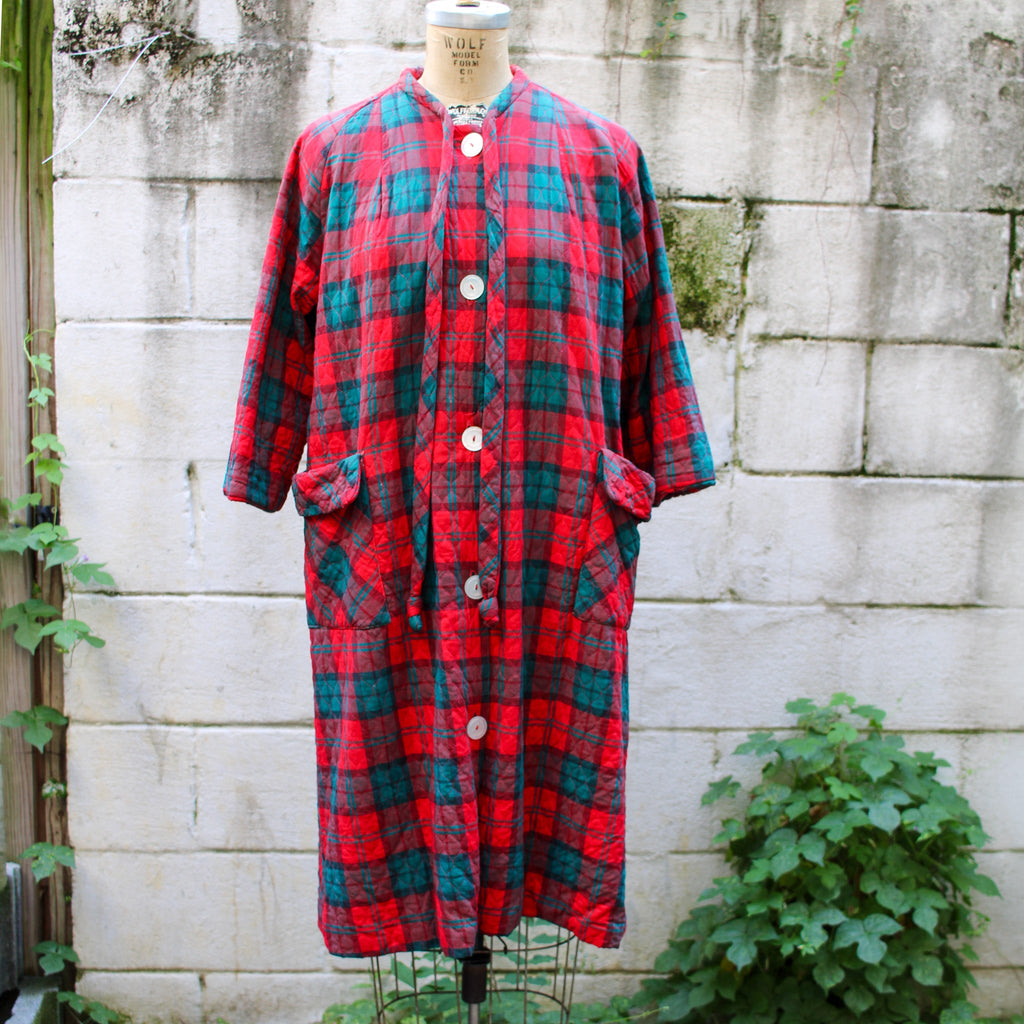 50s saybury quilted tartan plaid bed jacket - front view outdoors