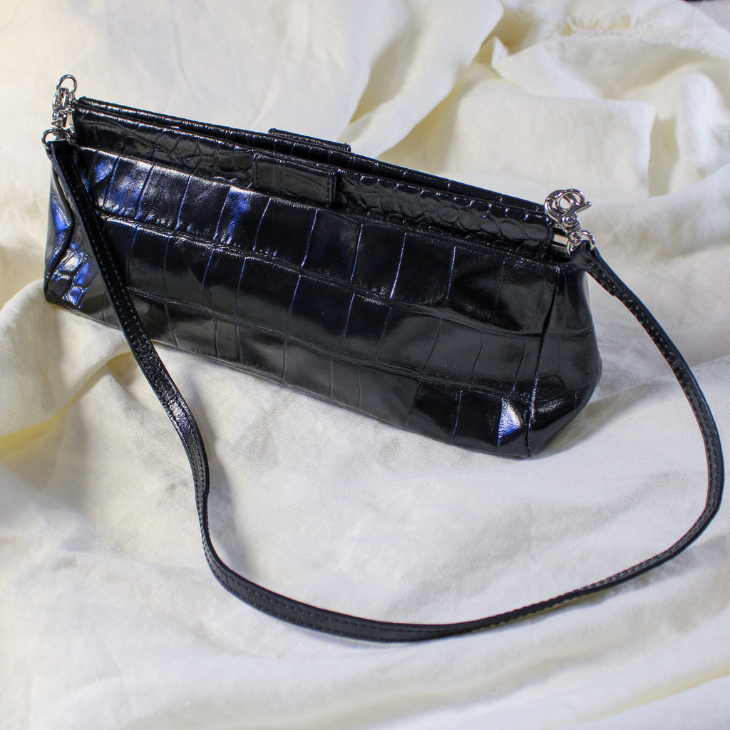 90s carlo pazolini black croc-embossed leather baguette bag made in italy