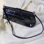 90s carlo pazolini black croc-embossed leather baguette bag made in italy