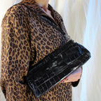 late 90s carlo pazolini black croc-embossed leather baguette bag made in italy
