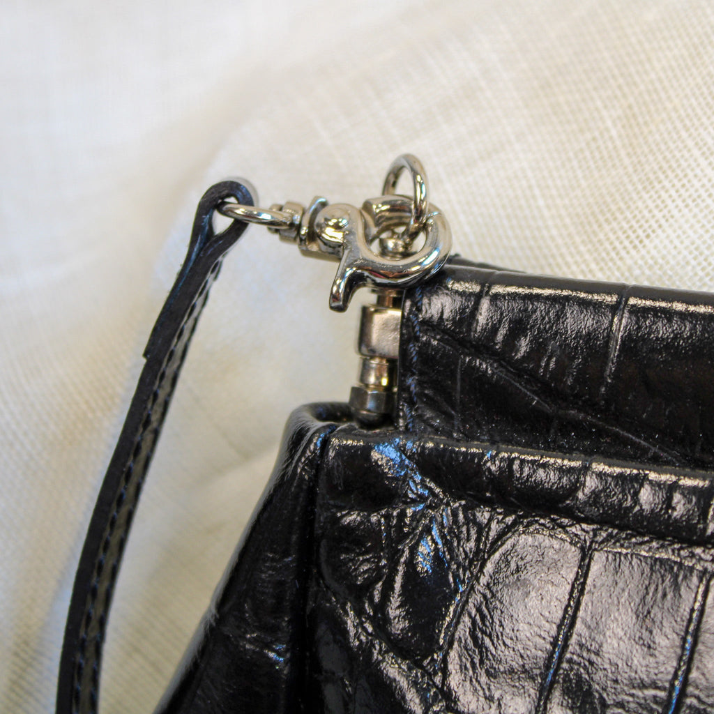 late 90s carlo pazolini black croc-embossed leather baguette bag made in italy