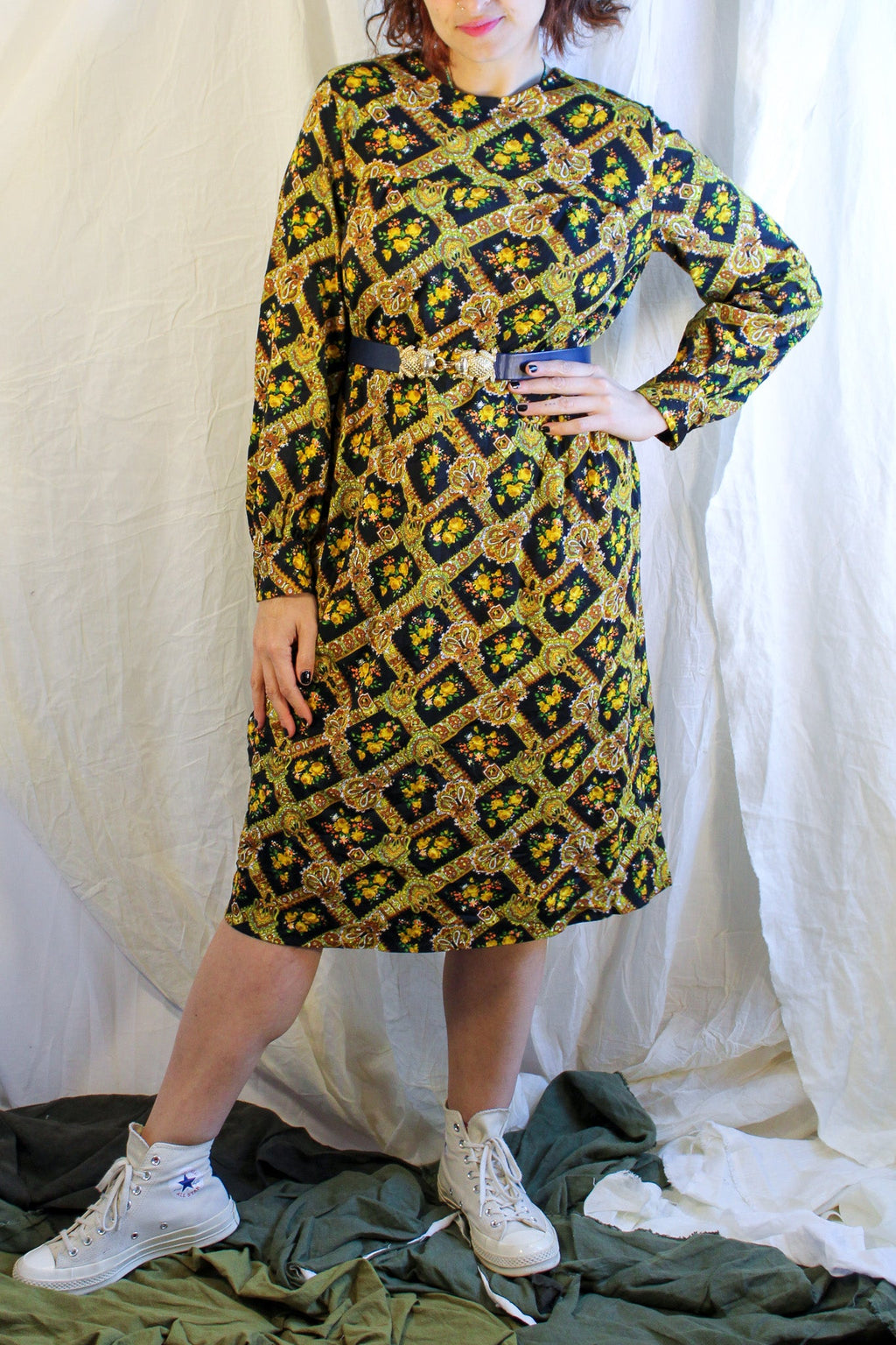 70s unmarked floral tapestry midi dress - image 1