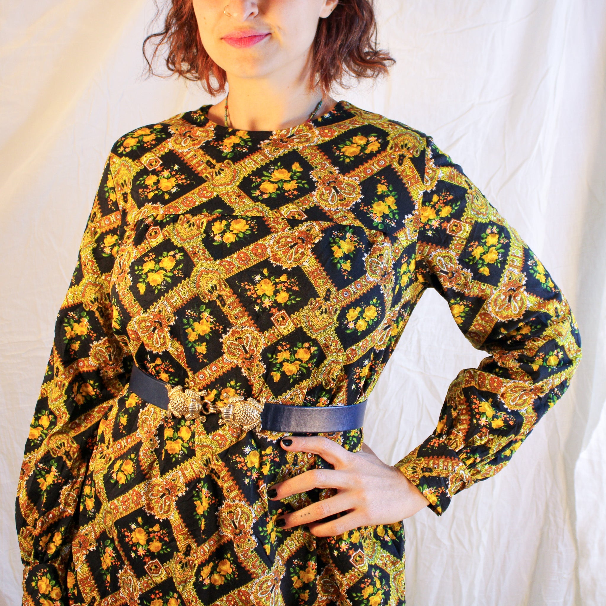 70s yellow rose tapestry midi dress