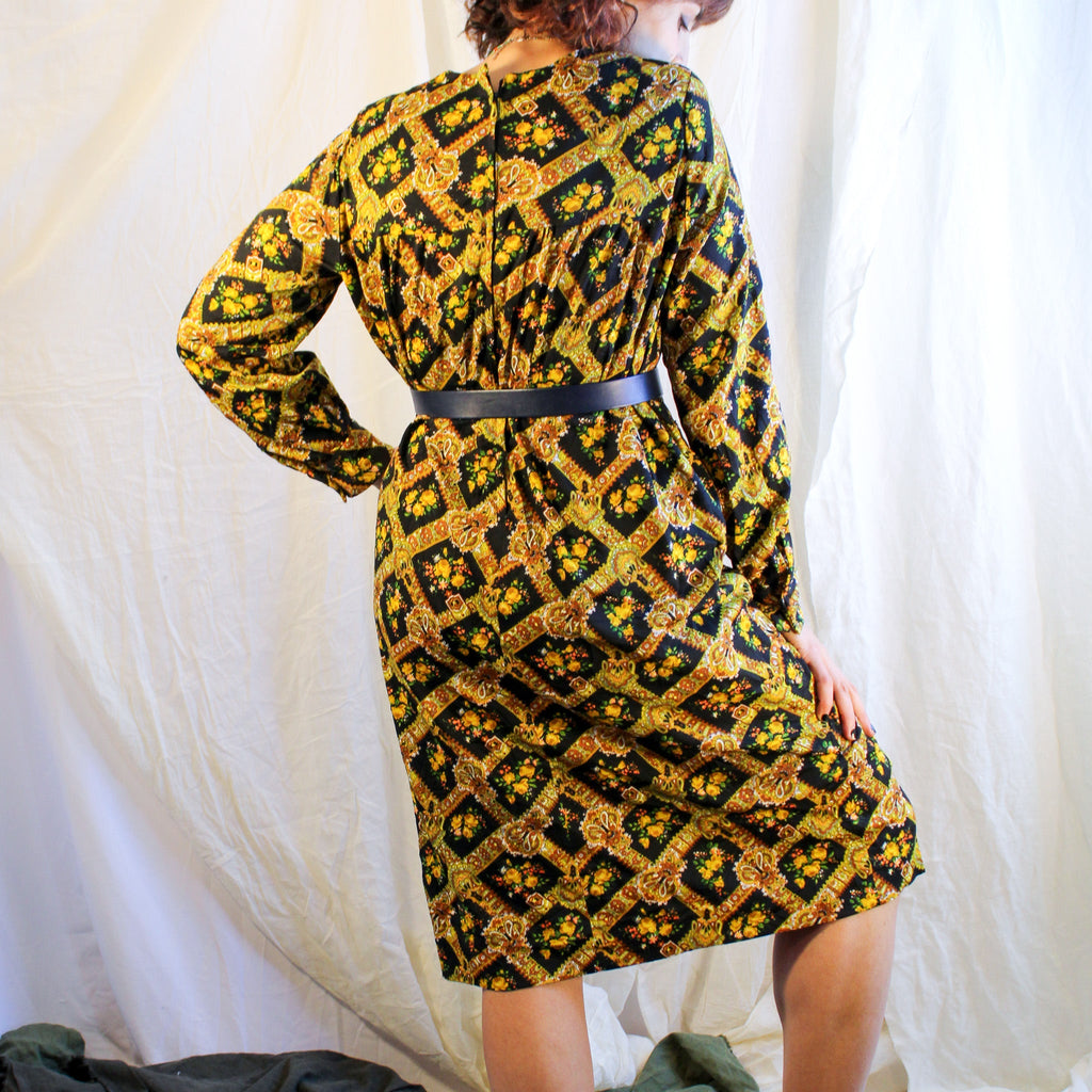 70s yellow rose tapestry midi dress