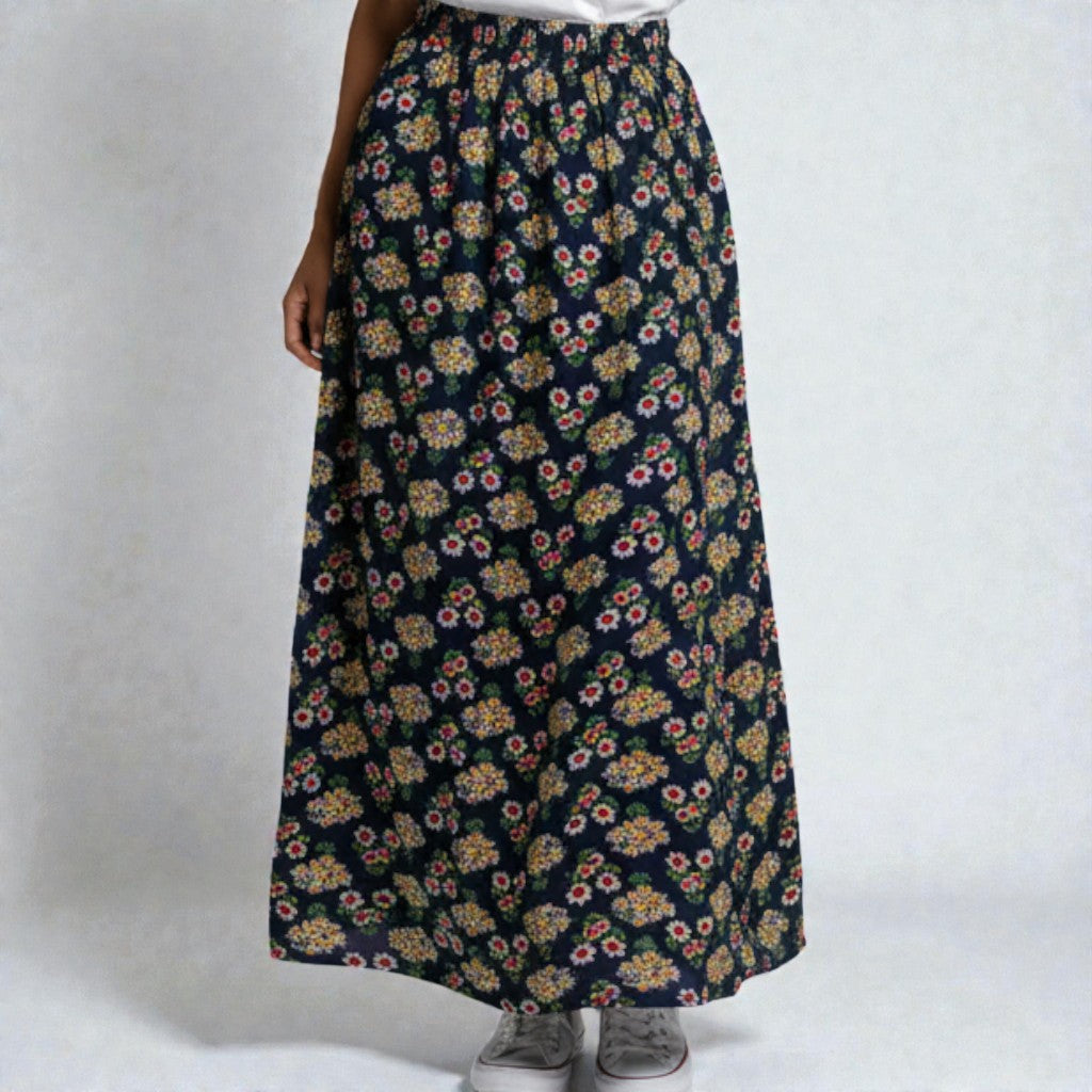 70s navy daisy print elastic waist maxi skirt – s/m – image 5