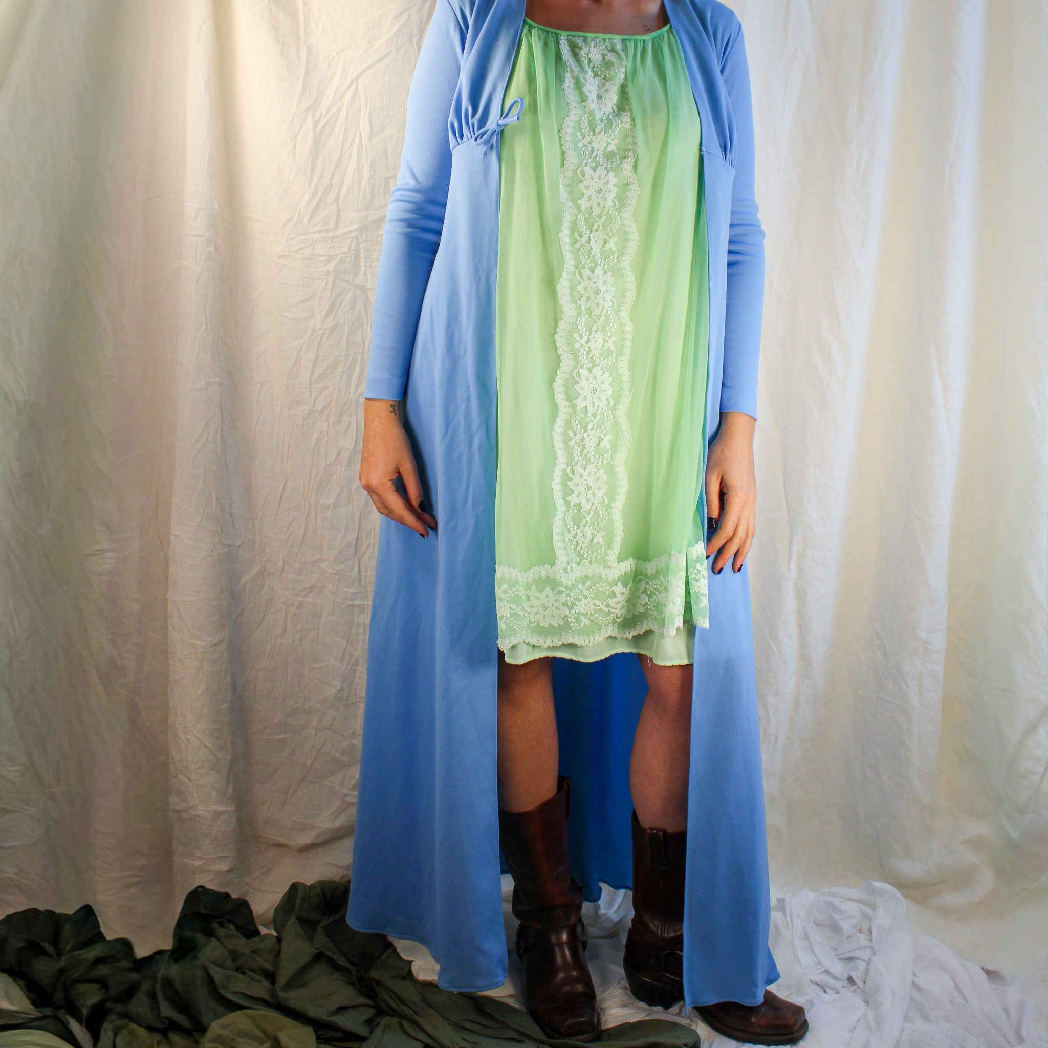 60s/70s blue empire maxi robe - vintage lingerie