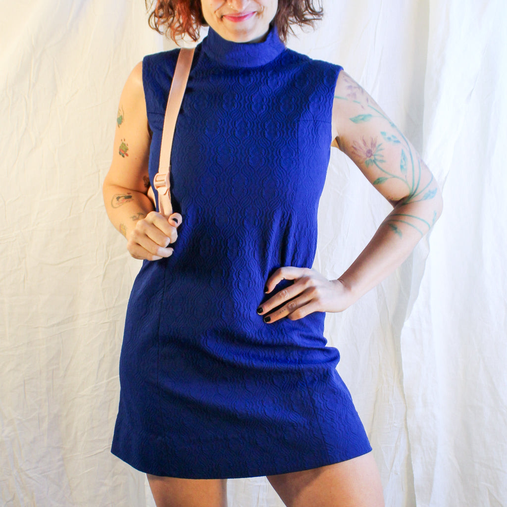 60s cobalt mock neck mini dress, image 2