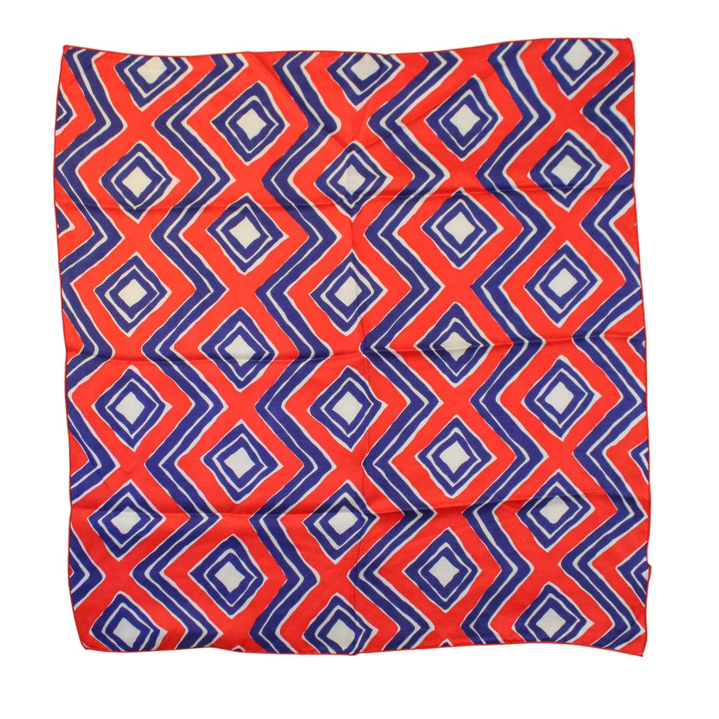 Front view of red/blue op art scarf