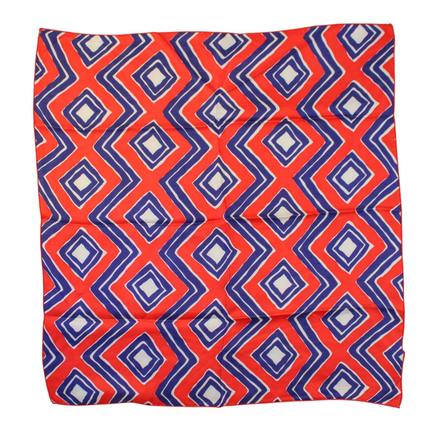 Front view of red/blue op art scarf