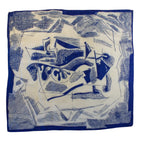 Front view of blue and white abstract silk scarf