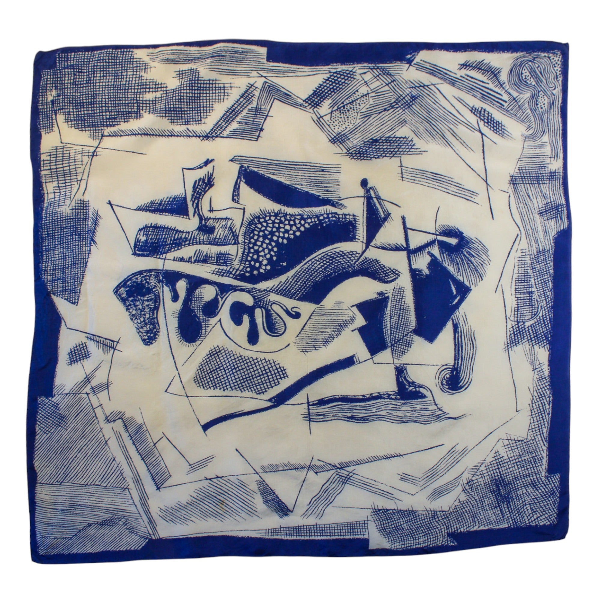 Front view of blue and white abstract silk scarf