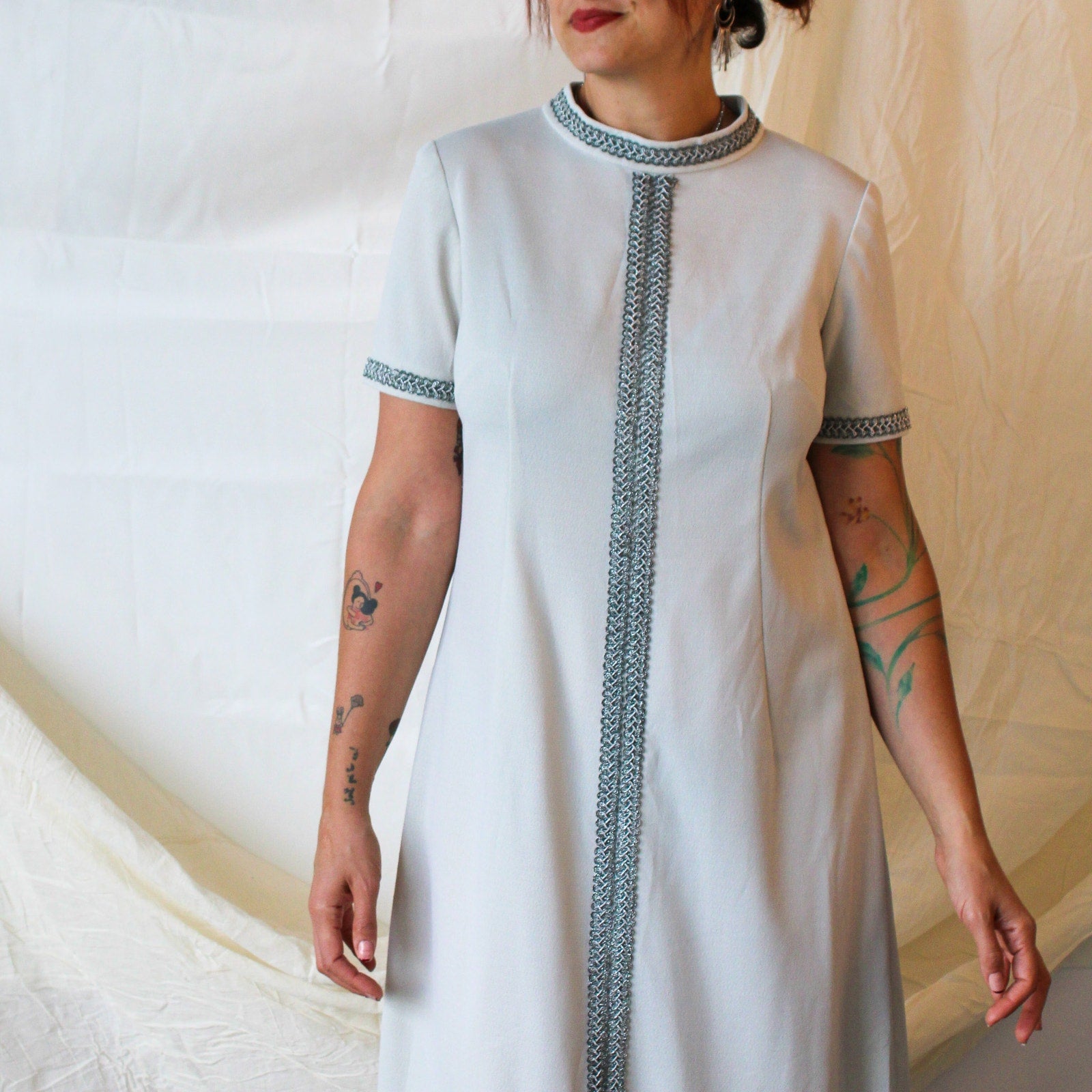 70s silver maxi dress with metallic braid trim