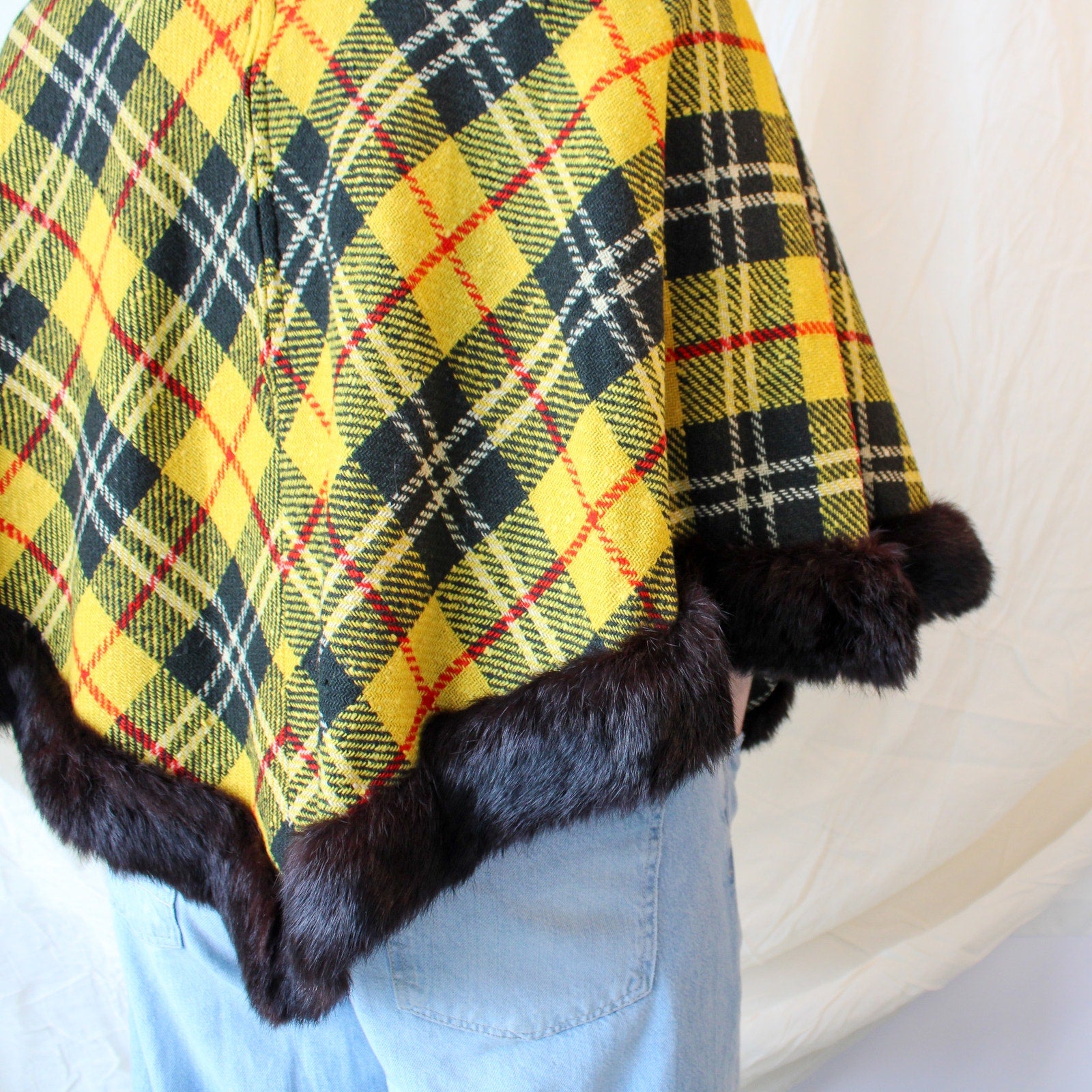 60s ponchos originals arizona yellow plaid fur trim poncho