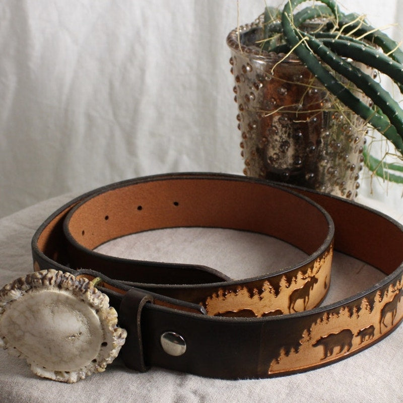 80s alaska antler buckle leather belt