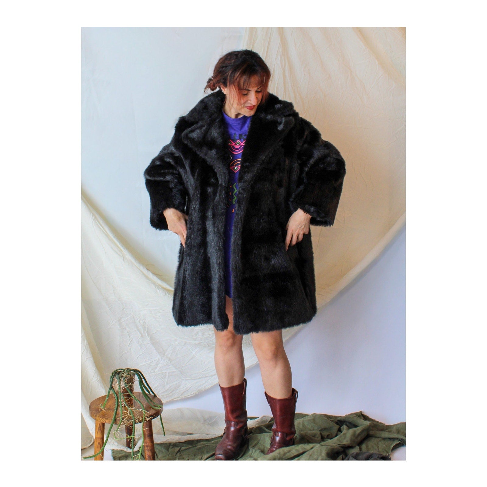 60s black faux fur mod coat with pink satin lining