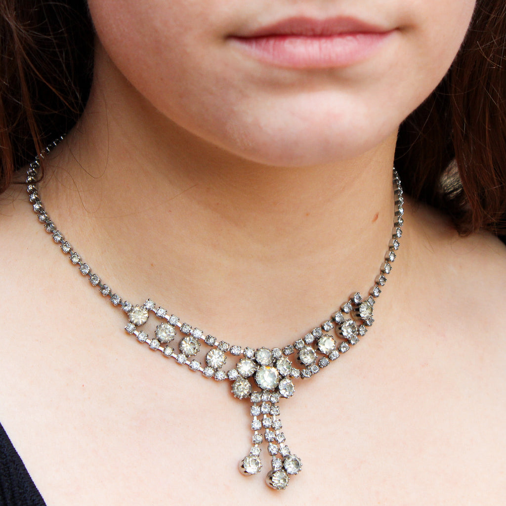 Front view of rhinestone fringe choker