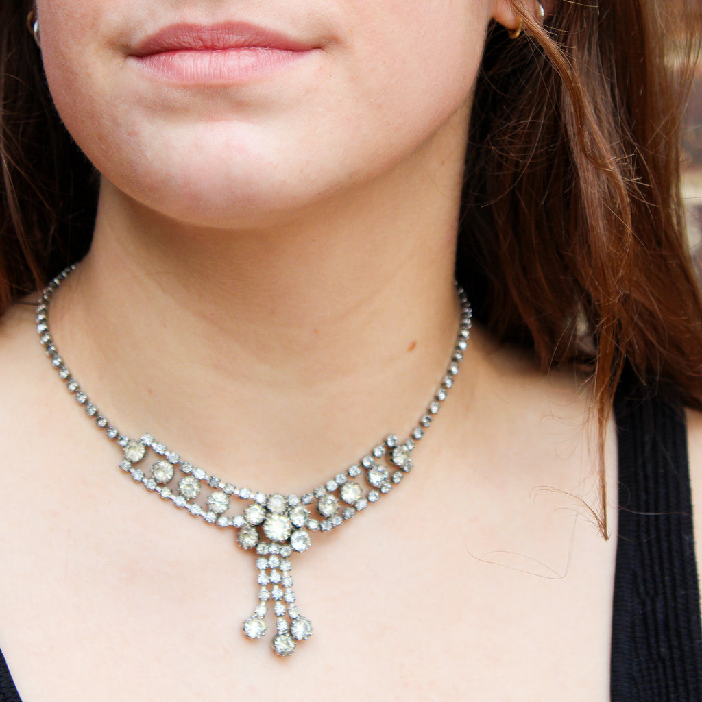 Detail view of rhinestone fringe choker