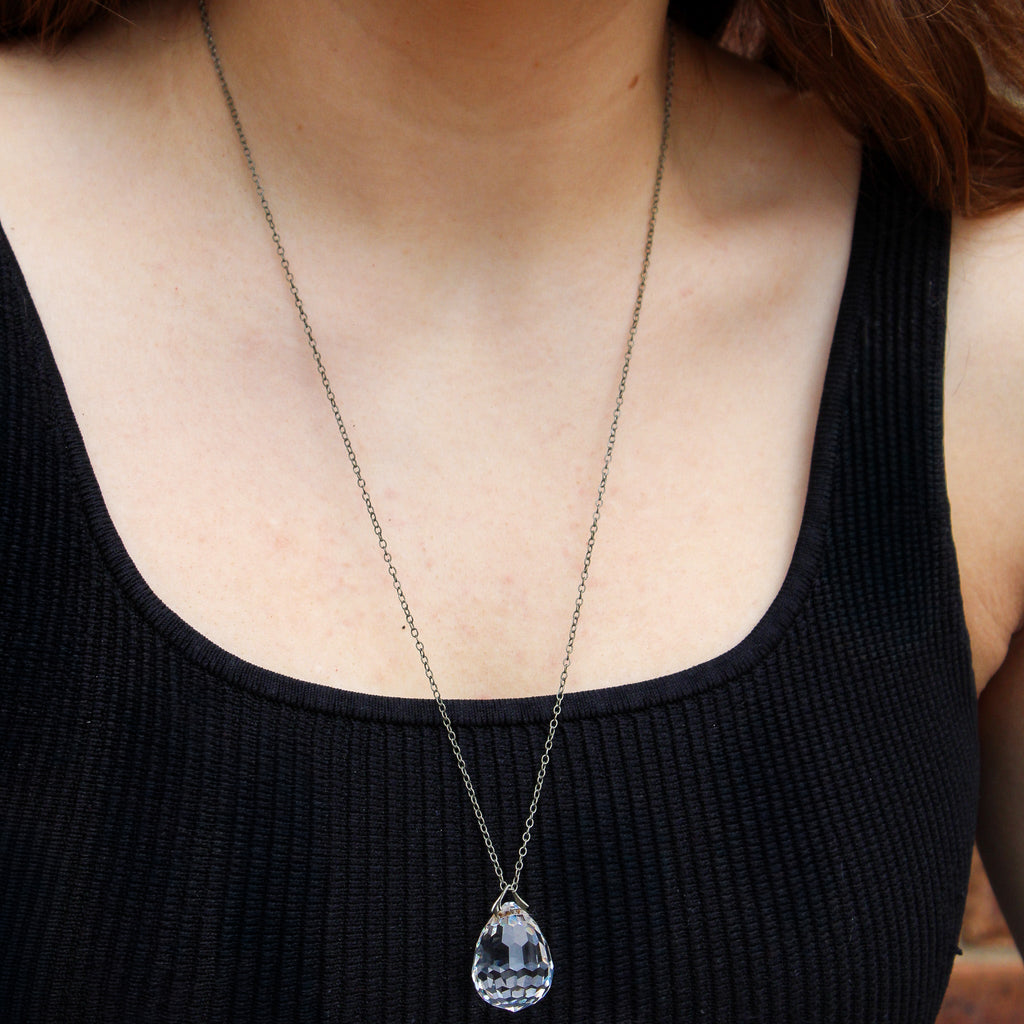 Front view of crystal drop pendant necklace
