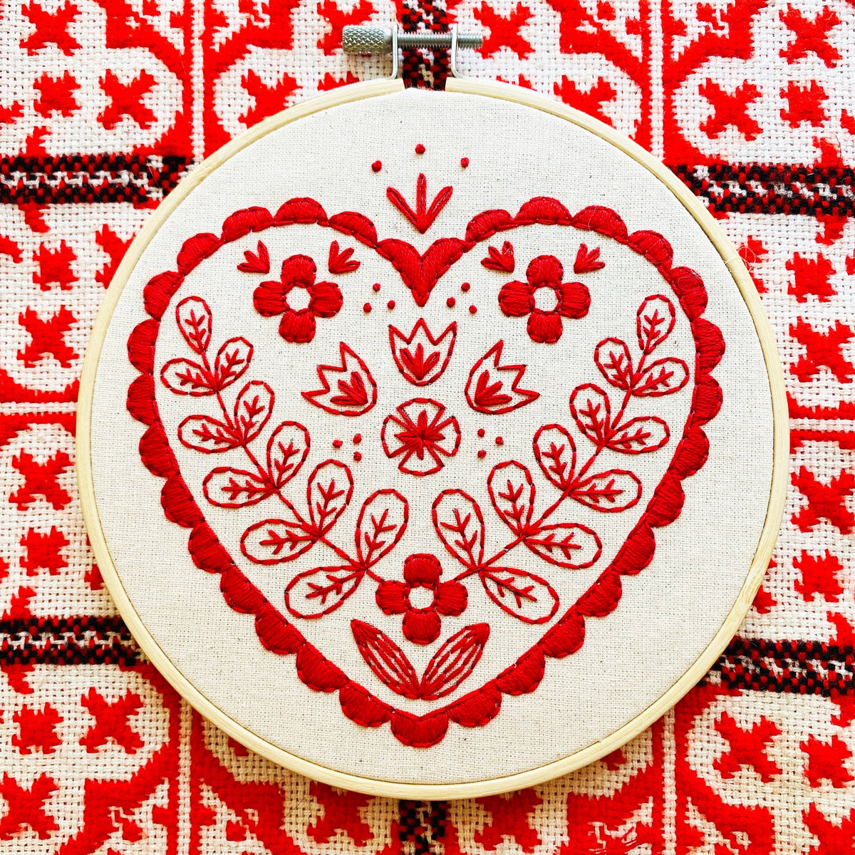 nordic heart red and cream embroidery kit