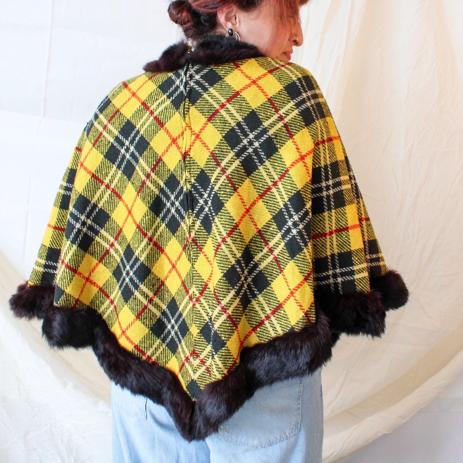 60s ponchos originals arizona yellow plaid fur trim poncho