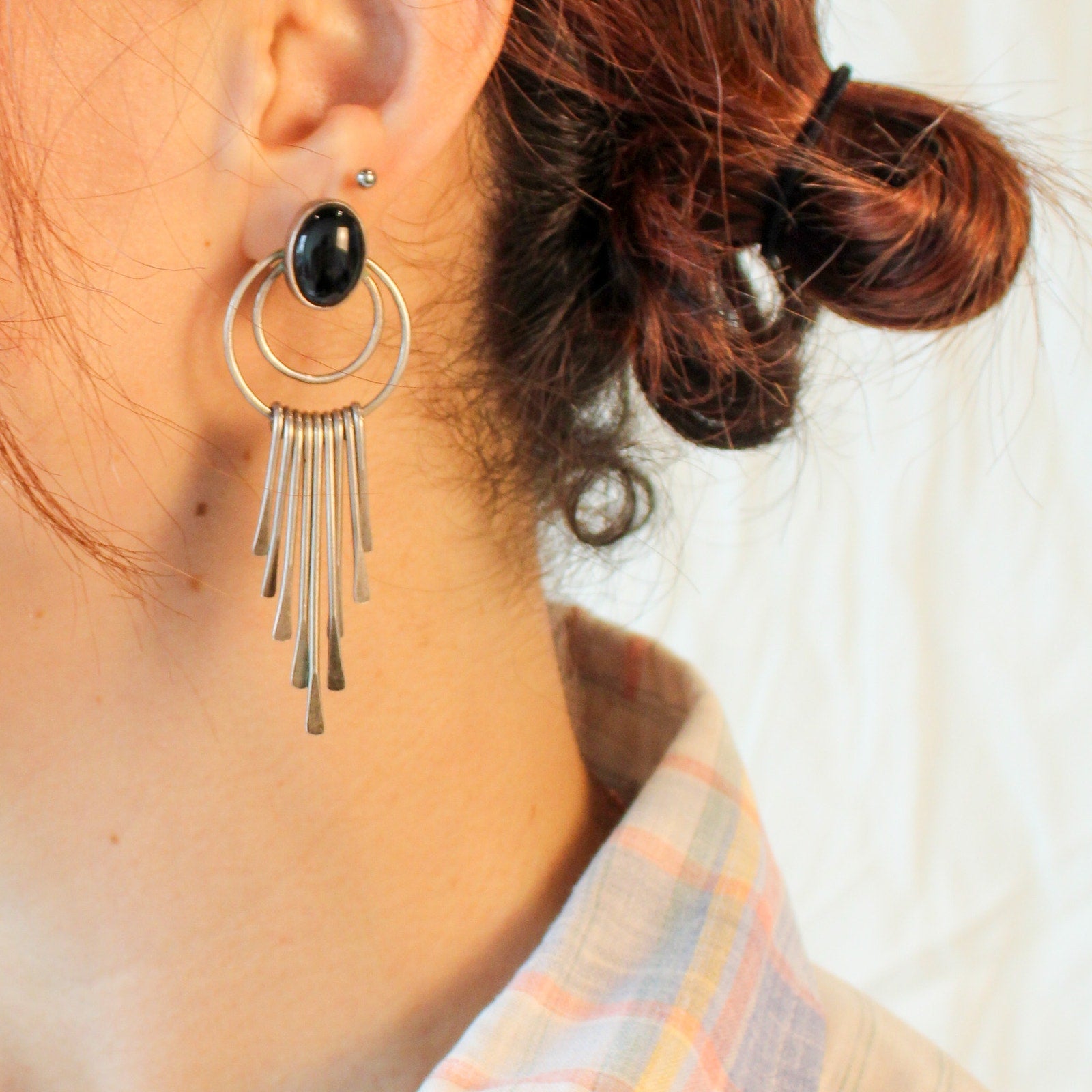 70s mexico sterling silver onyx fringe earrings