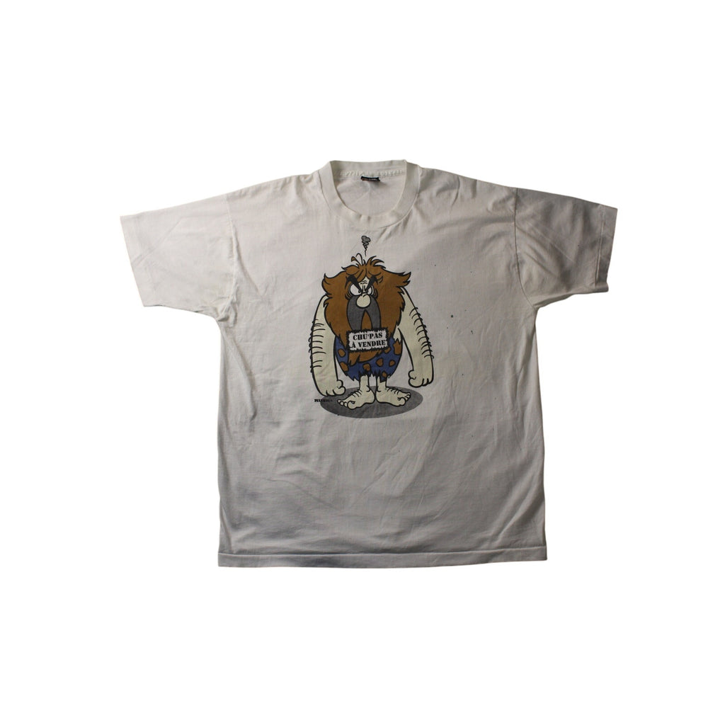 vintage 90s rusk “chu’ pas à vendre” cartoon single stitch tee – made in usa xl