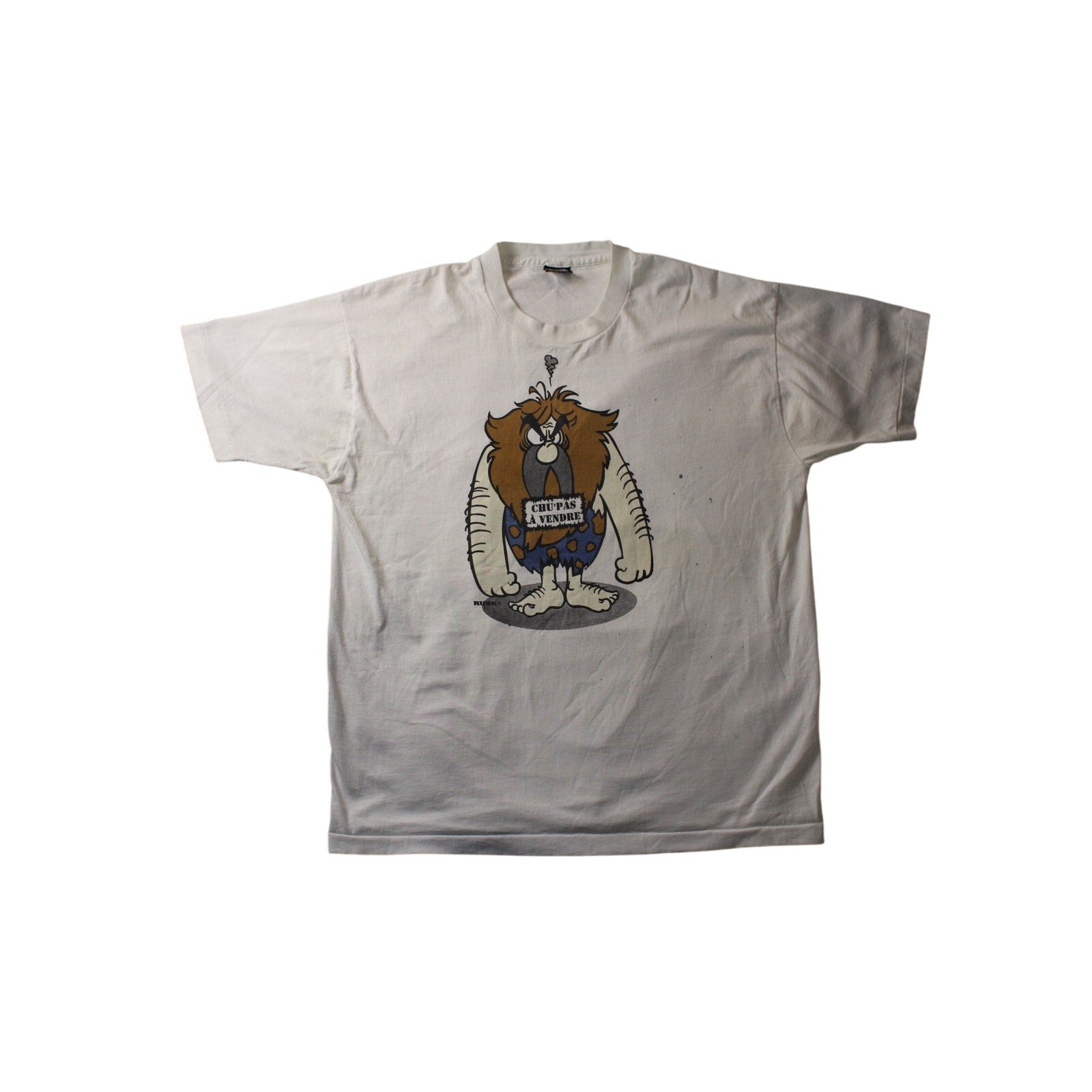 vintage 90s rusk “chu’ pas à vendre” cartoon single stitch tee – made in usa xl