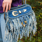 y2k denim buckle fringe shoulder bag w/ gold hardware