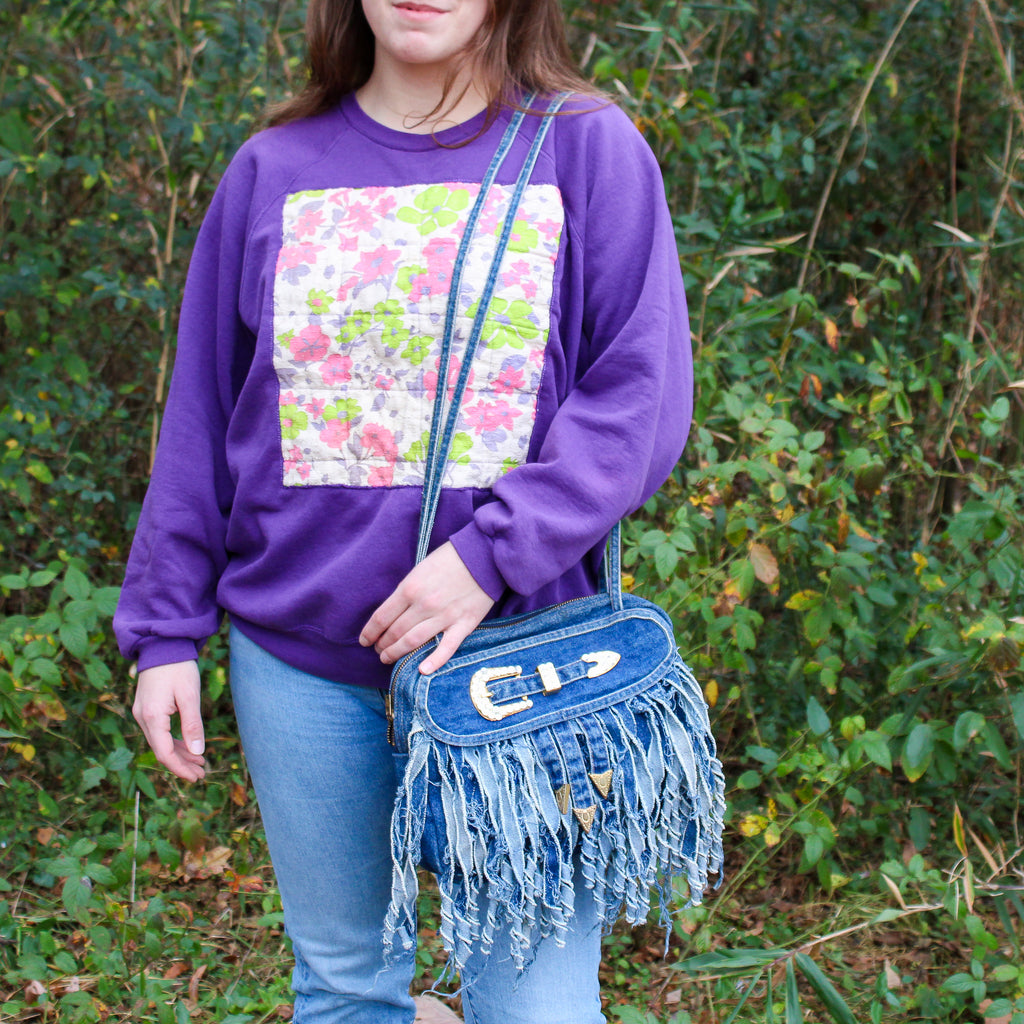 y2k denim buckle fringe shoulder bag w/ gold hardware