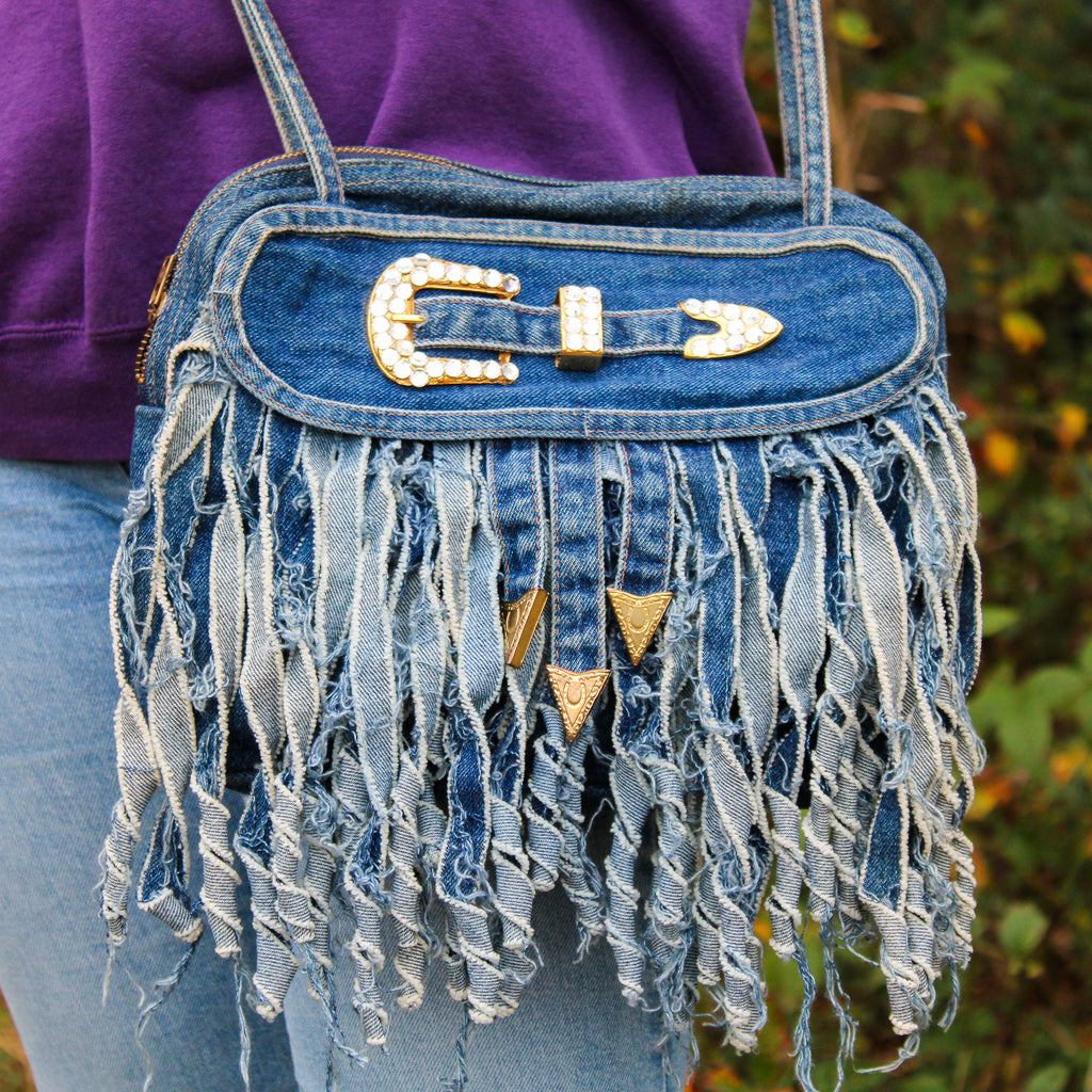 y2k denim buckle fringe shoulder bag w/ gold hardware