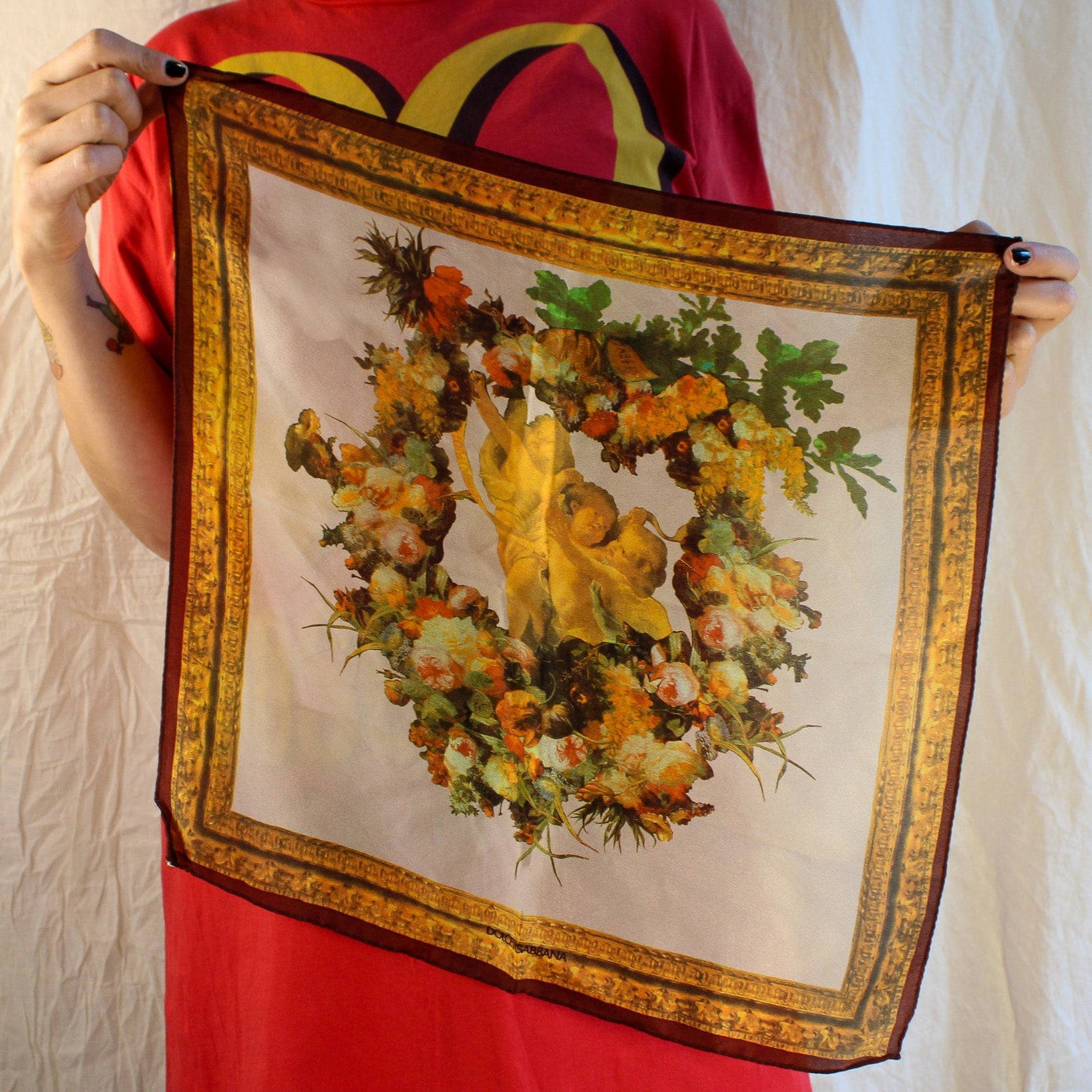 90s dolce & gabbana silk cherub baroque foulard scarf,  made in italy