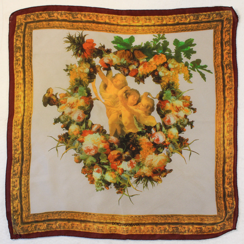 90s dolce & gabbana silk cherub baroque foulard scarf,  made in italy