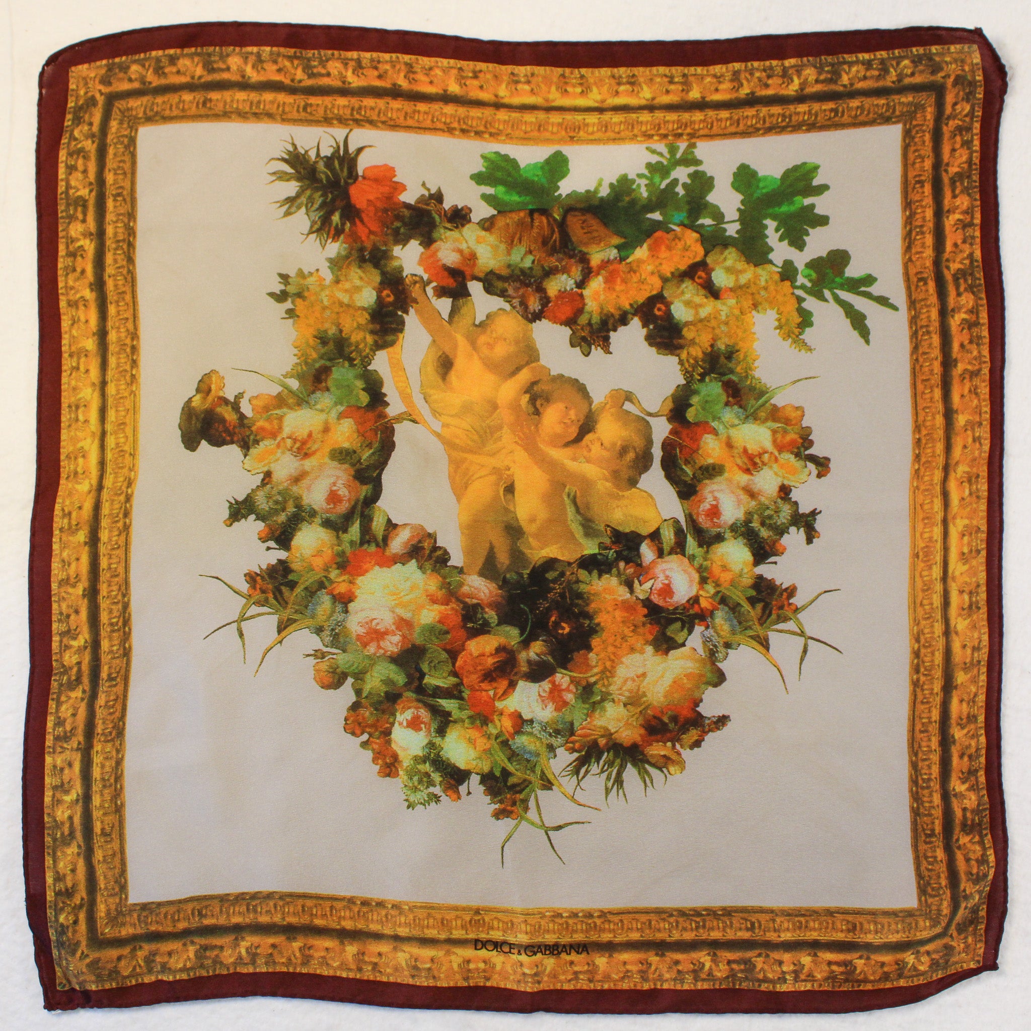 90s dolce & gabbana silk cherub baroque foulard scarf,  made in italy