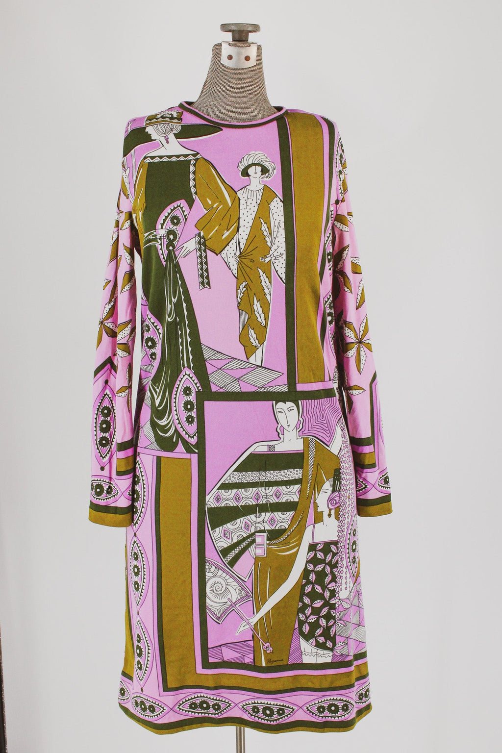 70s paganne deco ladies print jersey midi dress - front