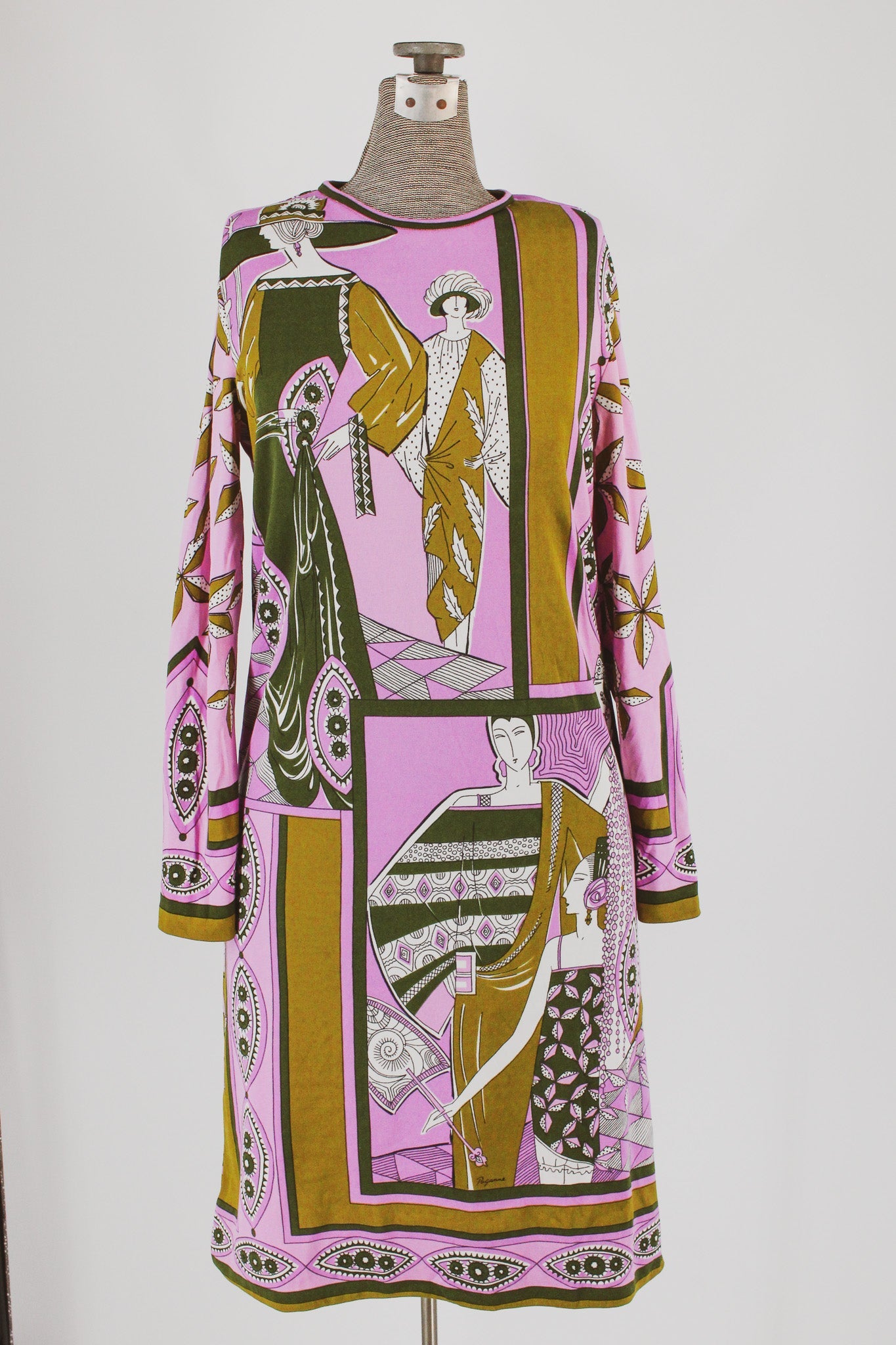 70s paganne deco ladies print jersey midi dress - front
