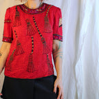 80s spellbinding red silk beaded “witch’s broom” top