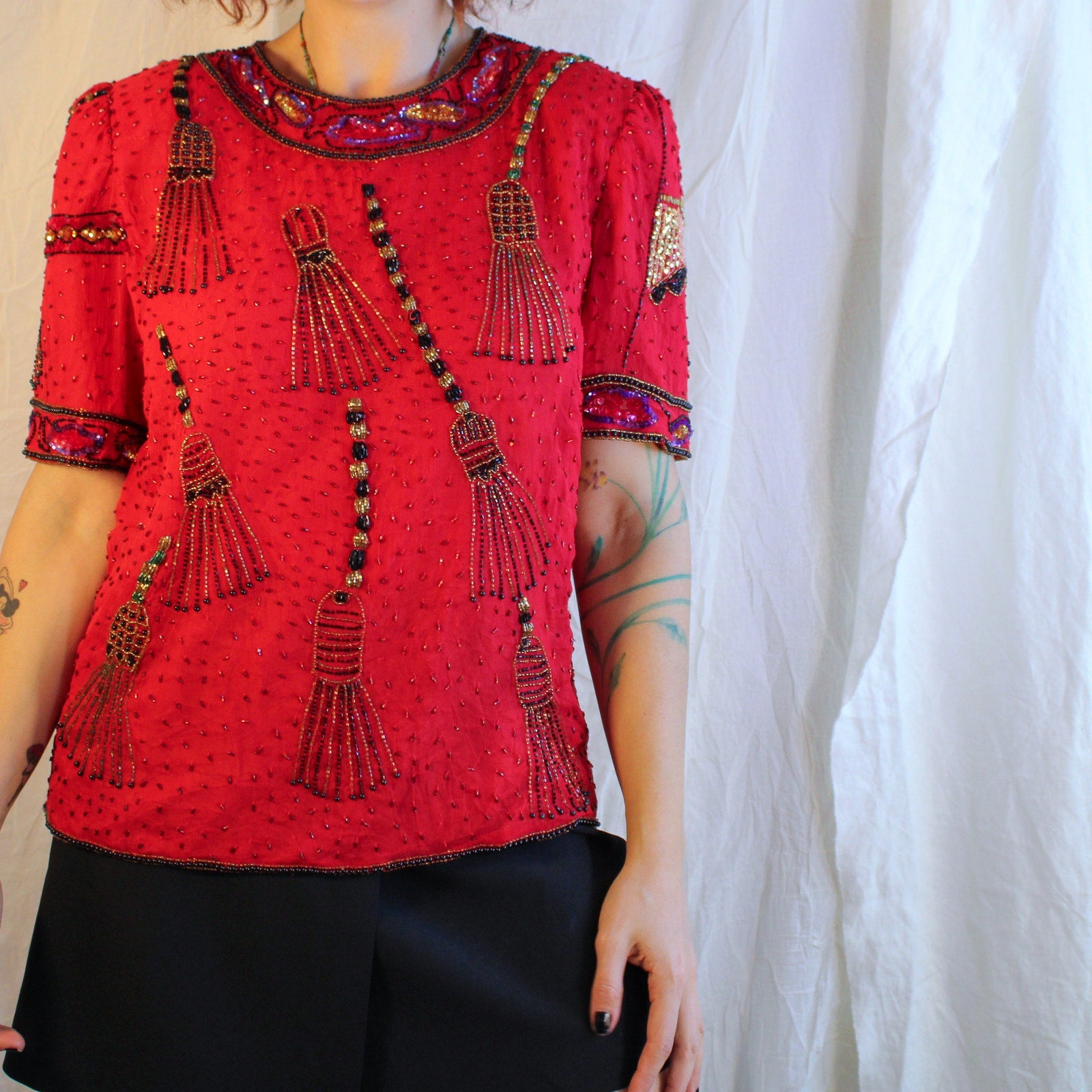 80s spellbinding red silk beaded “witch’s broom” top