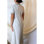 70s silver maxi dress with metallic braid trim