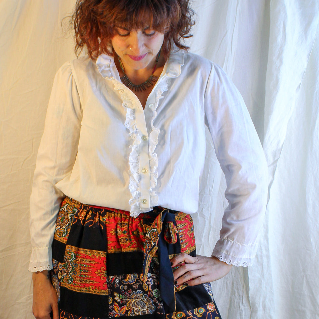 70s white cotton eyelet ruffles blouse