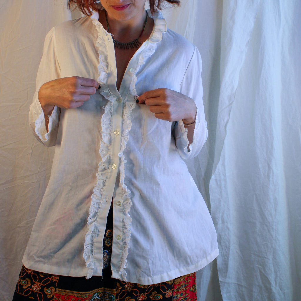 70s white cotton eyelet ruffles blouse
