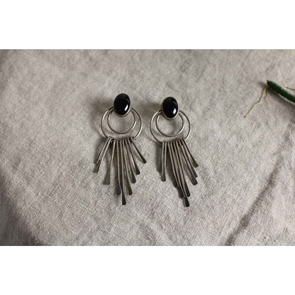 70s mexico sterling silver onyx fringe earrings