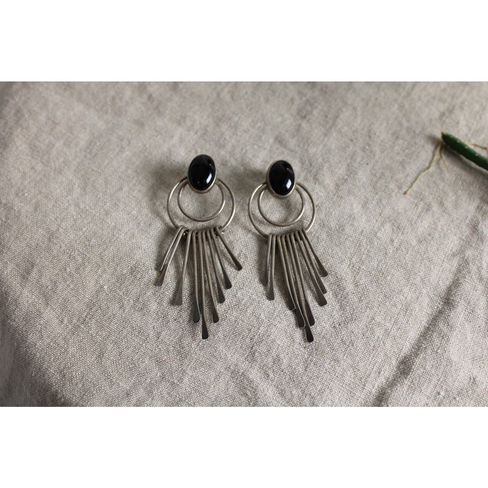 70s mexico sterling silver onyx fringe earrings