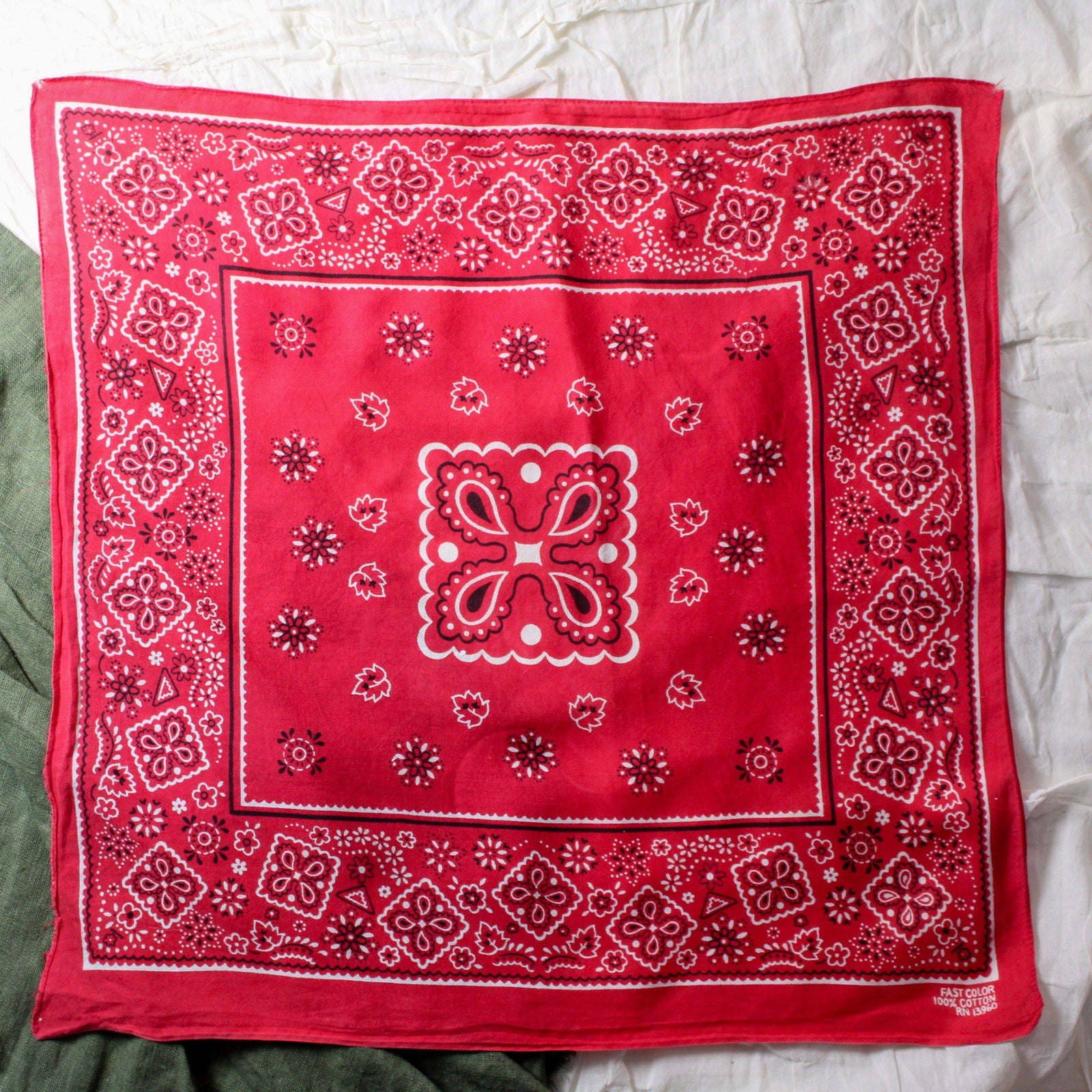 80s vintage red fast color paisley bandana usa rn13960