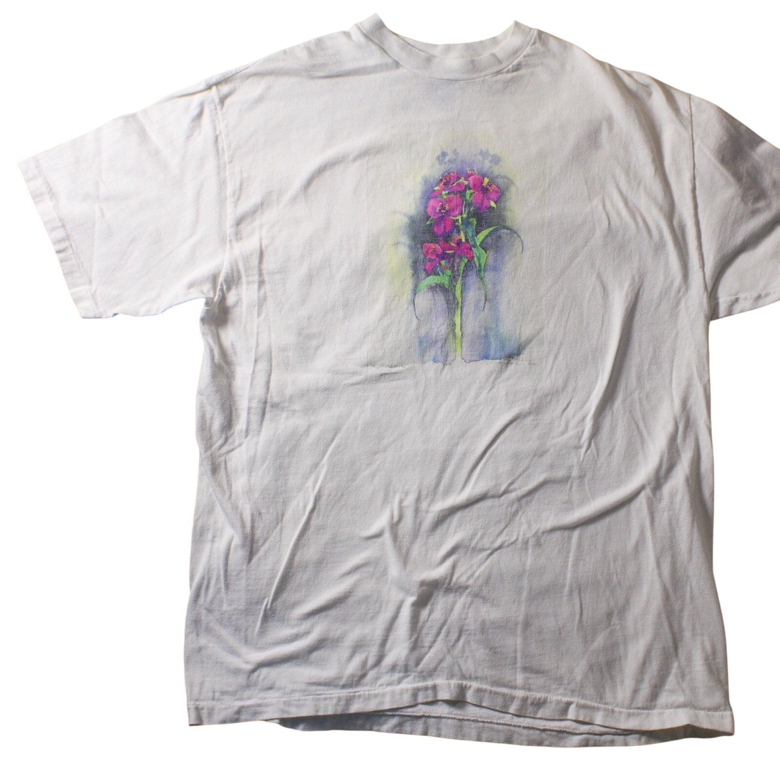 80s hanes beefy-t single stitch floral watercolor tee (l)