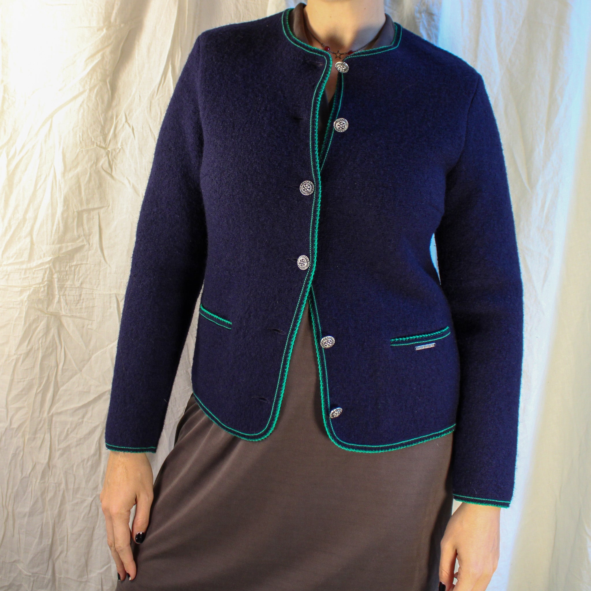 Front view of navy Geiger Tyrol boiled wool jacket